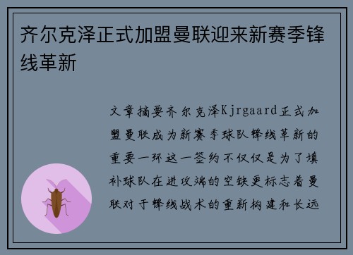 齐尔克泽正式加盟曼联迎来新赛季锋线革新